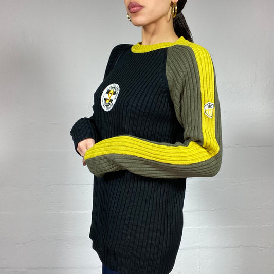 Vintage 2000's Sporty Black, Yellow and Khaki Coloured Arm Pullover with 9 Patched Number Detail (M)