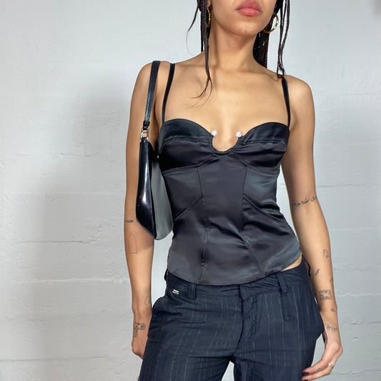 Vintage 2000's Clubwear Black Corset Top with Satin Material and Neck Ring Detail (S)