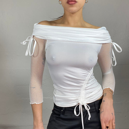 Vintage 90's Rave White Off Shoulder Top with Maille Sleeves Detail (S/M)