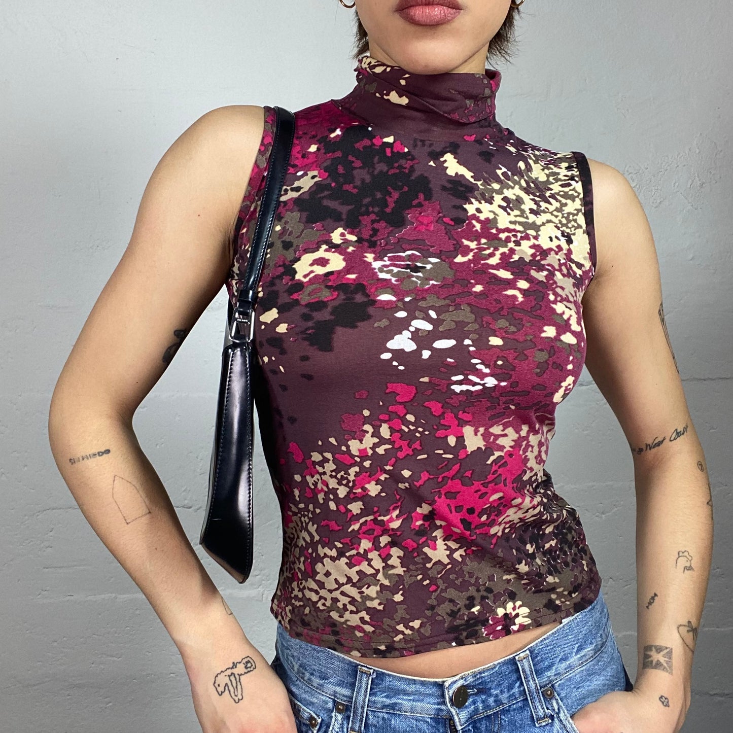 Vintage 90's Morgan Funky Garnet Highneck Top with Camo Print (S)