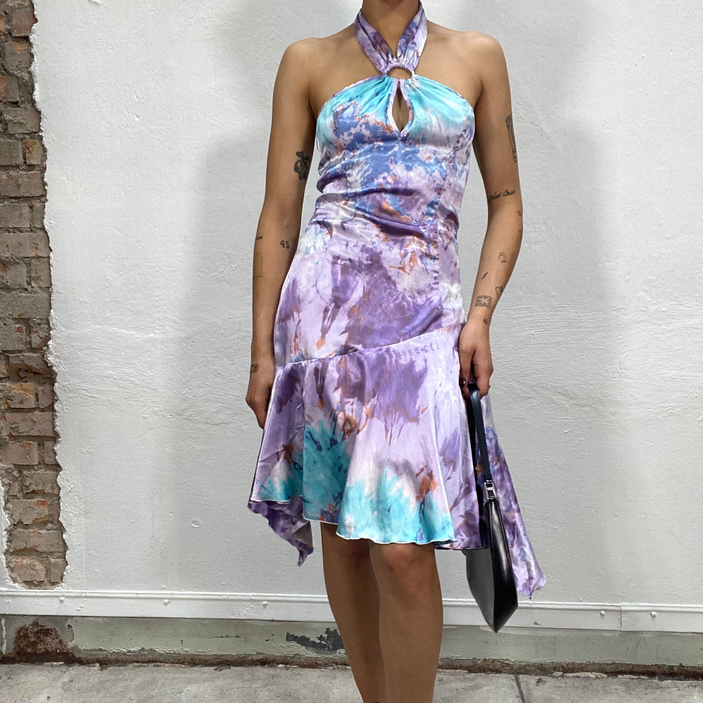 Vintage 2000's Funky Lilac and Blue Batik Midi Dress with Ring Detail (S)