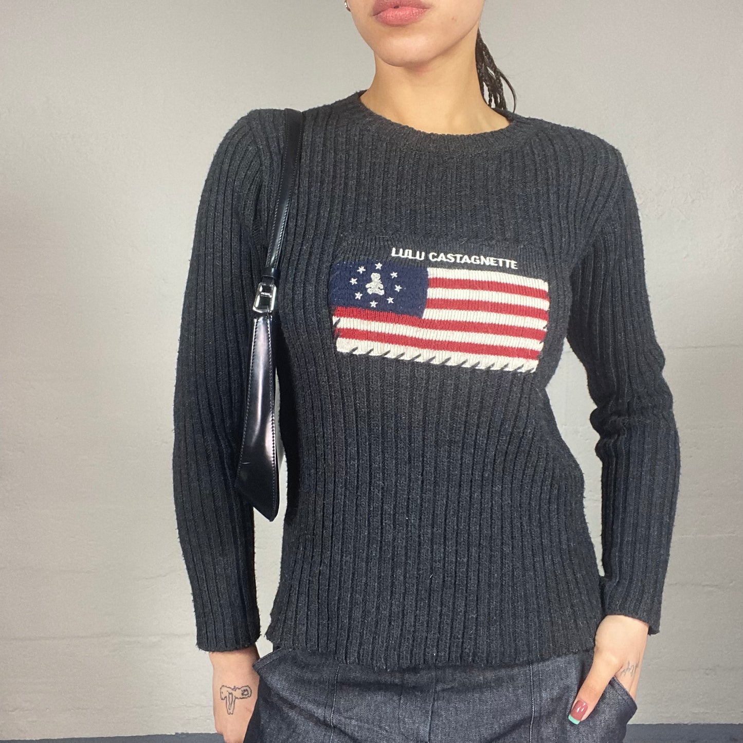 Vintage 90's Lulu Castagnette Deep Grey Knitted Sweater with Brand USA Print Detail (M)