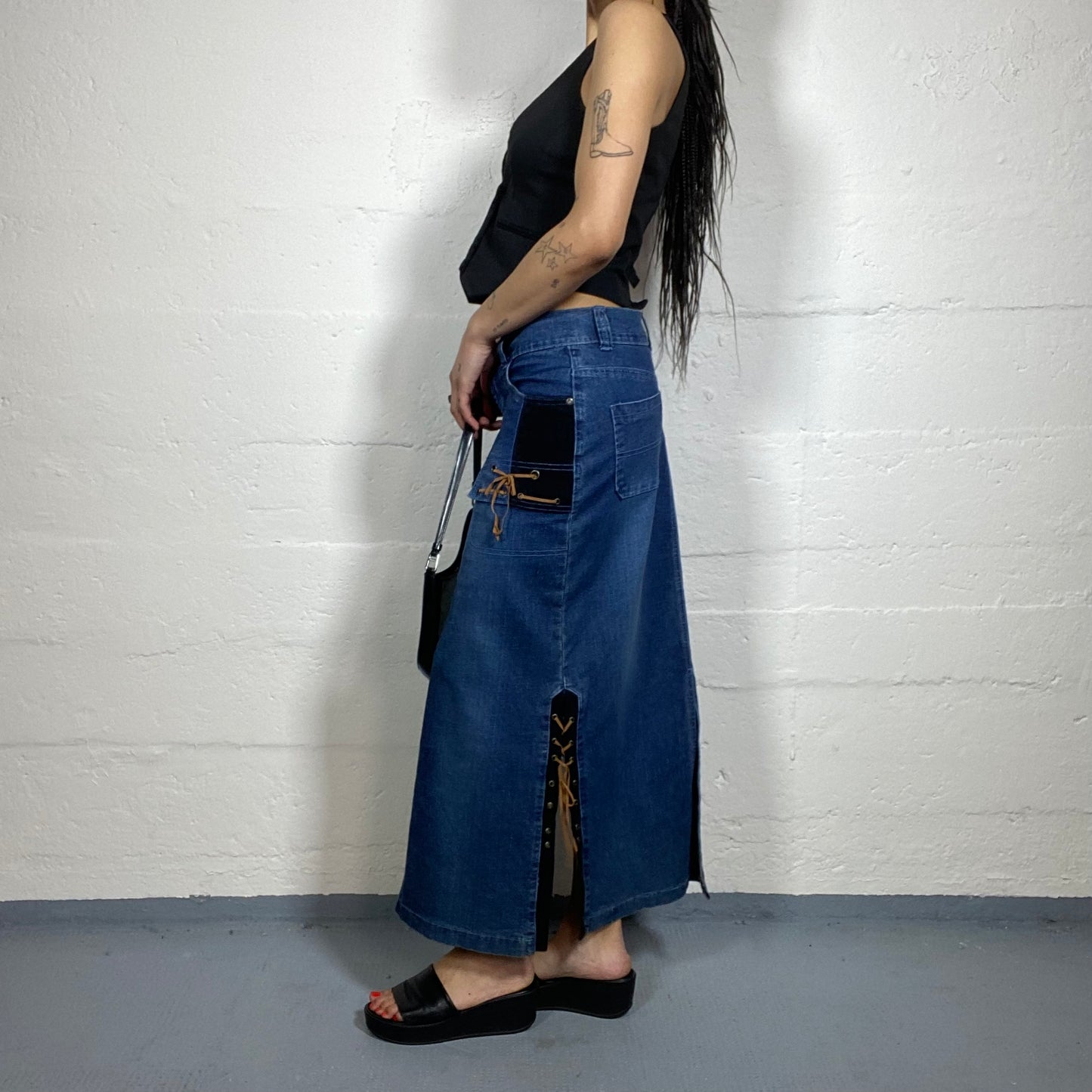 Vintage 2000's Downtown Girl Denim Maxi Skirt with Brown Lace Up Detail (M)