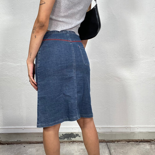 Vintage 2000's Downtown Girl Denim Midi Skirt with Red Stud Detail (M)