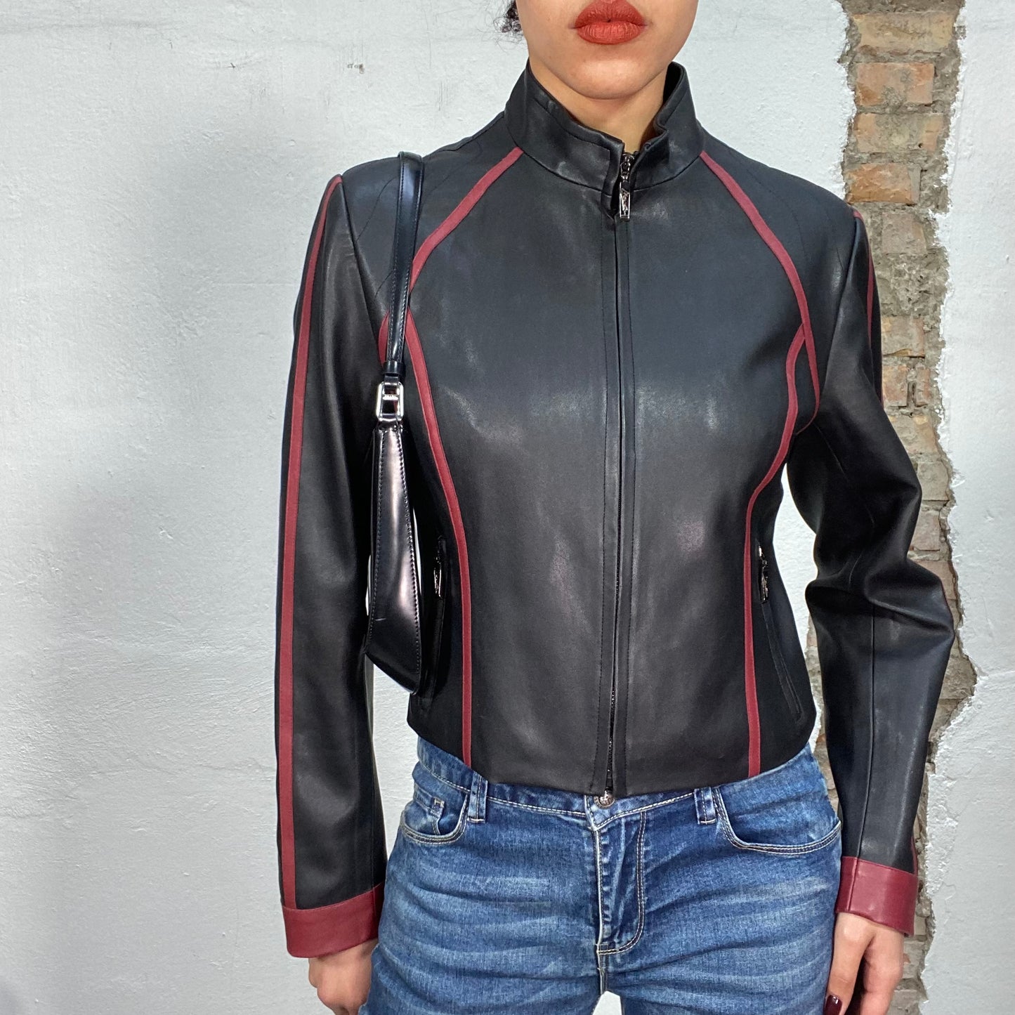 Vintage 2000's Racer Black Leather Jacket with Red Stripes (S)