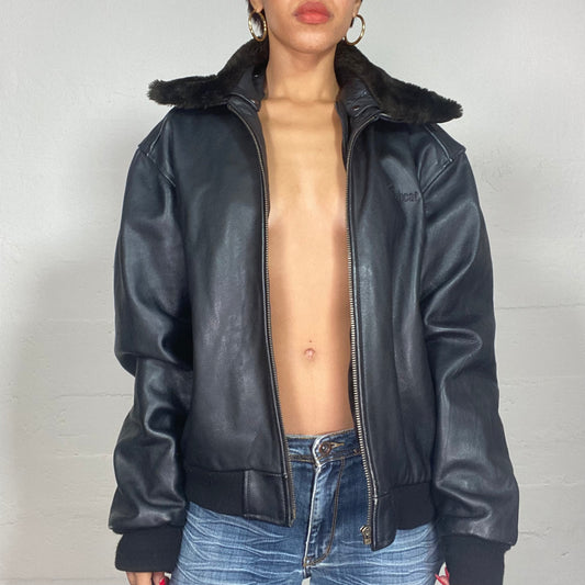 Vintage 2000's Downtown Girl Black Short Leather Biker Jacket with Fur Collar Detail (XL)