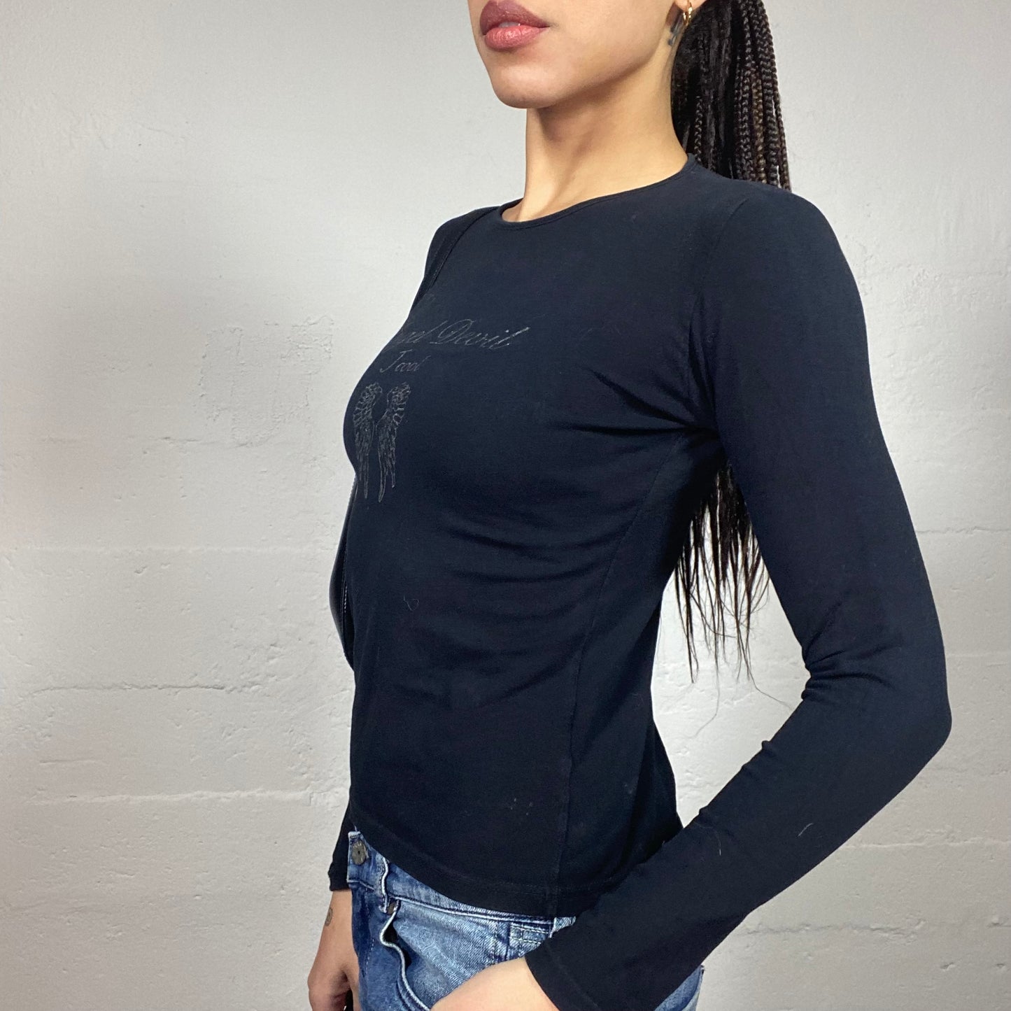 Vintage 2000's Downtown Girl Black Longsleeve with "Angel Devil" Winged Print (M)