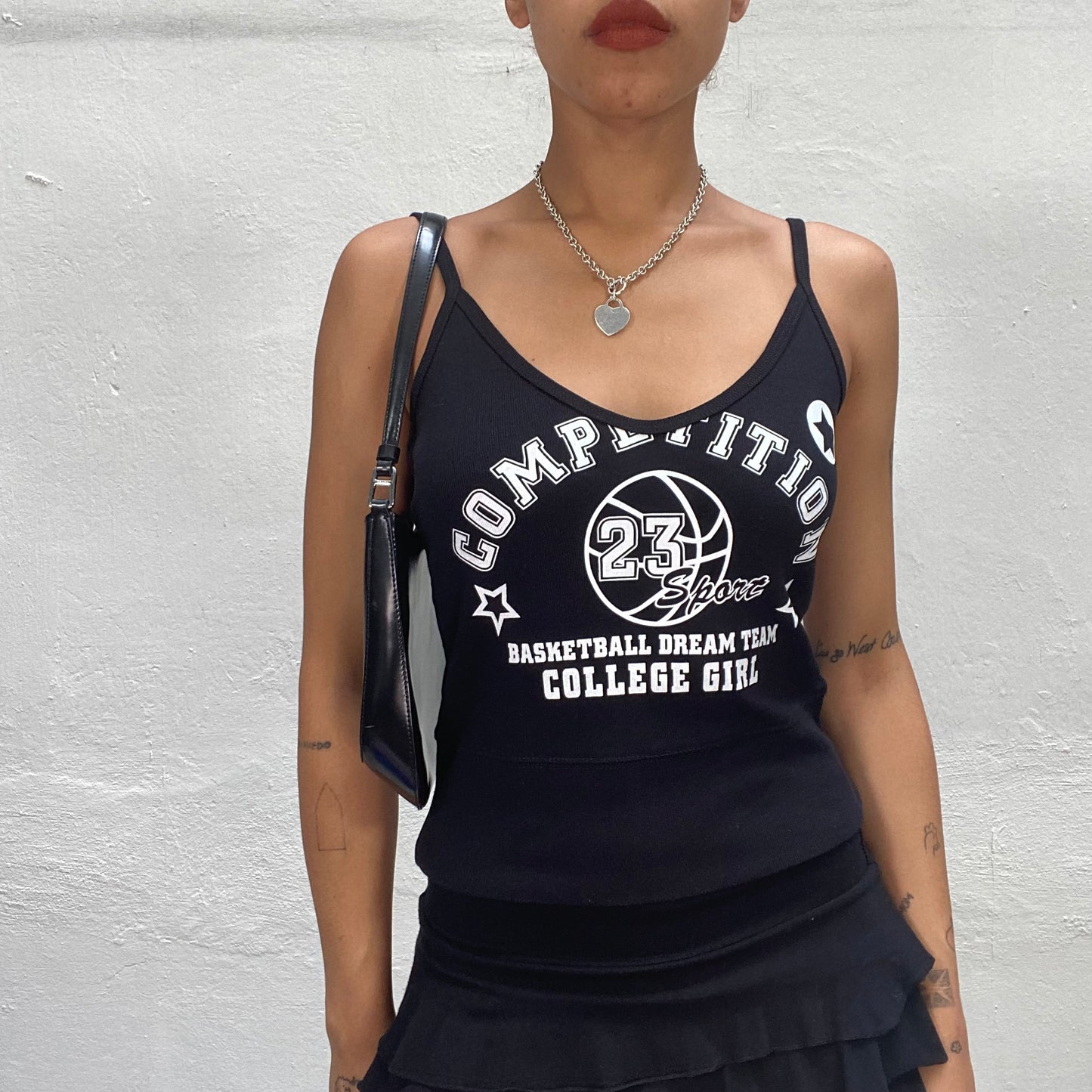 Vintage 2000's Sporty Black Cami Top with "Basketball College Girl" Print (S)