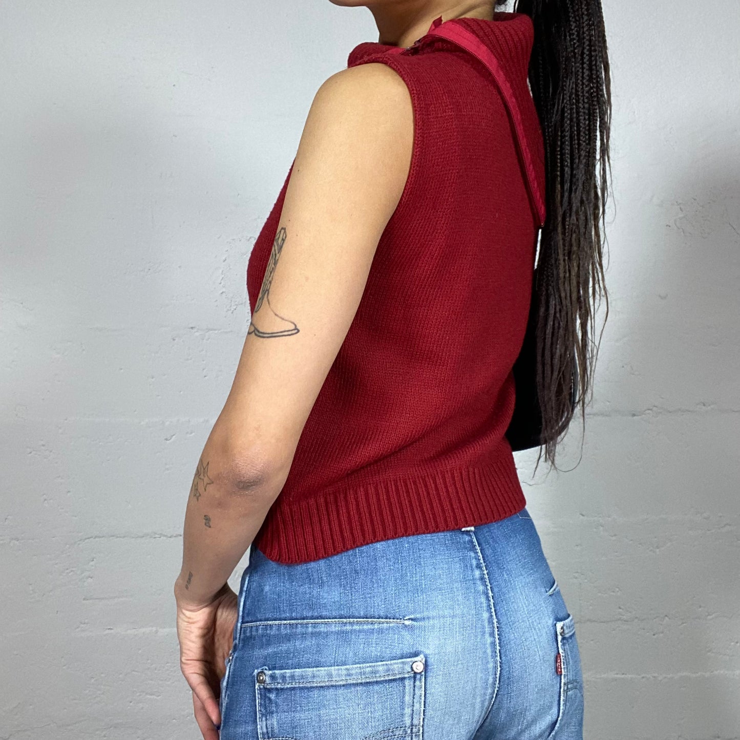Vintage 2000's Techwear Girl Red Highneck Vest with Asymmetric Cut Detail (S/M)