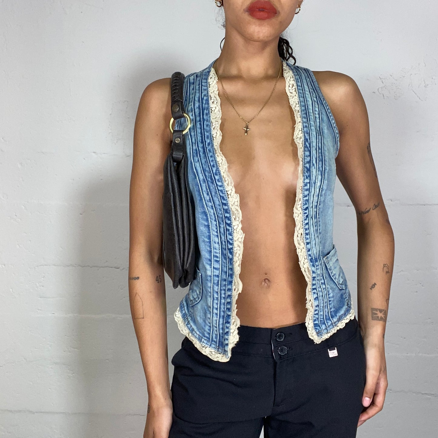 Vintage 2000's Indie Denim Open Vest with Off White Lace Trim Detail (S)