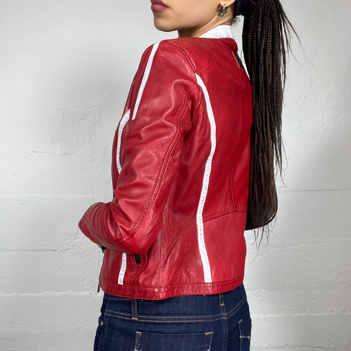 Vintage 2000's Sporty Red Short Leather Racers Jacket with White "Racing Team" Print Detail (S)