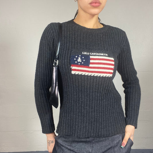 Vintage 90's Lulu Castagnette Deep Grey Knitted Sweater with Brand USA Print Detail (M)
