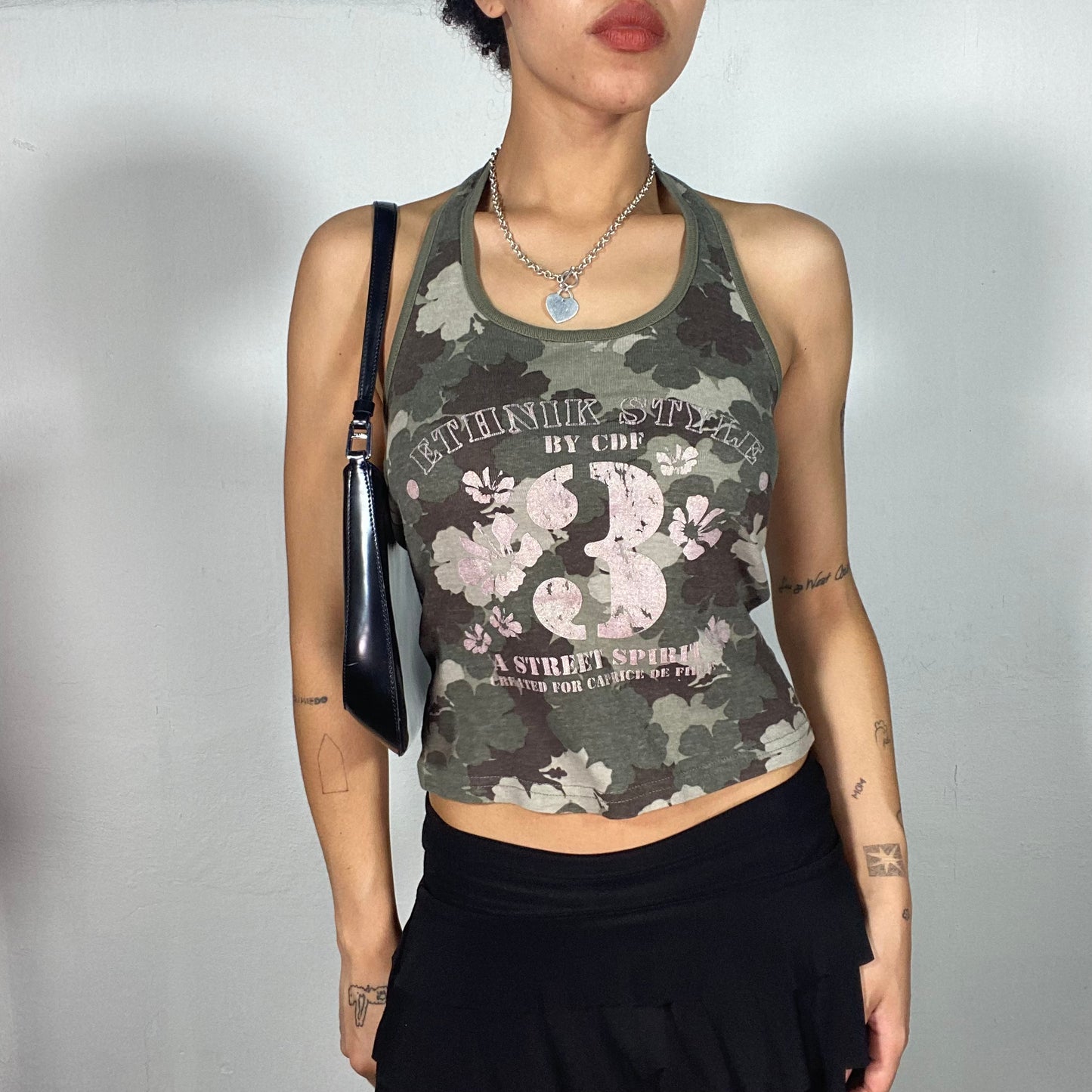 Vintage 2000's Streetstyle Camo Halter Neck Top with '3' Print (S)