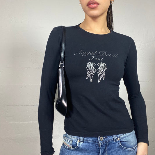 Vintage 2000's Downtown Girl Black Longsleeve with "Angel Devil" Winged Print (M)