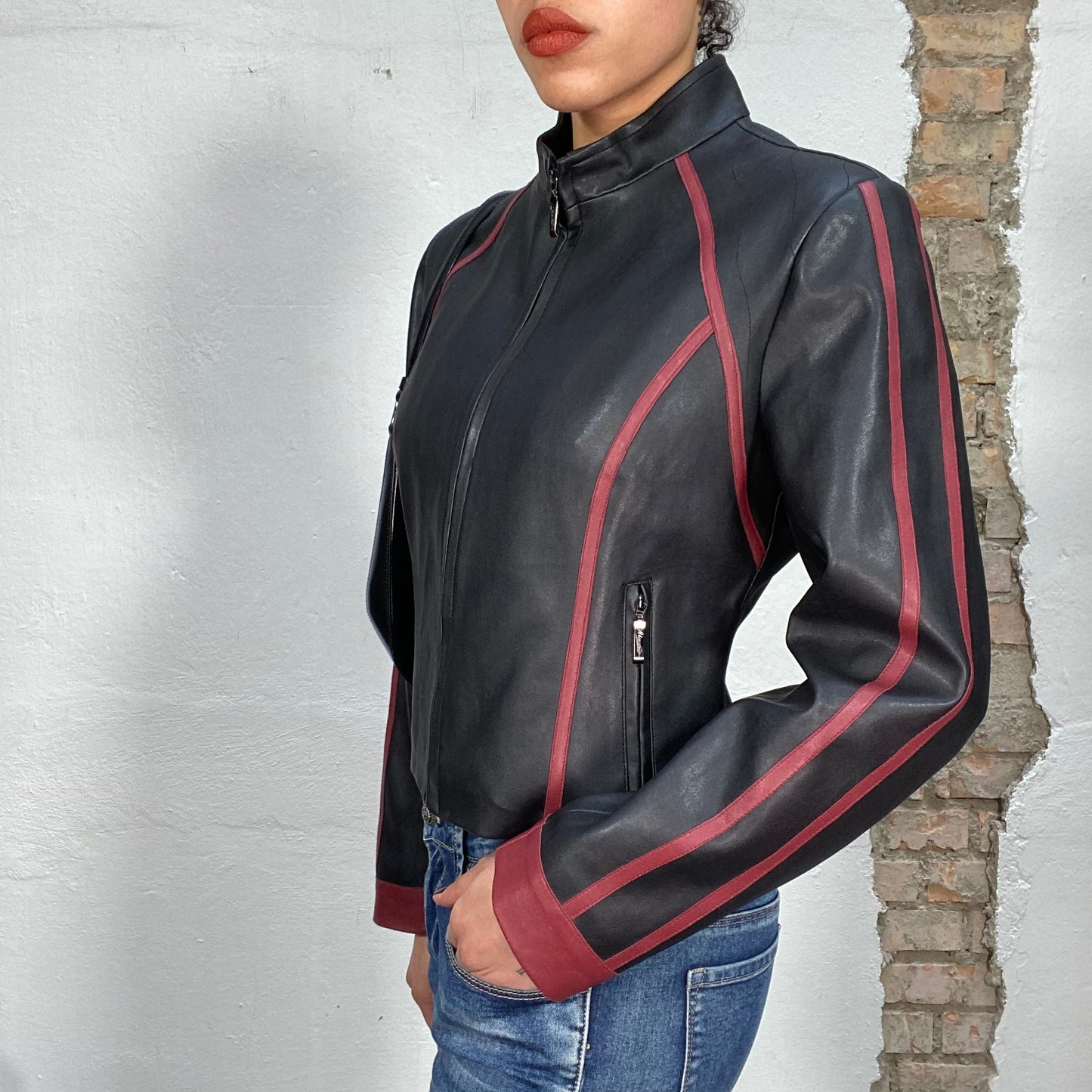 Vintage 2000's Racer Black Leather Jacket with Red Stripes (S)