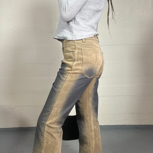 Vintage 90s Beige Washed-Out Flared Denim Jeans with Dusted Finish Detail (XS)