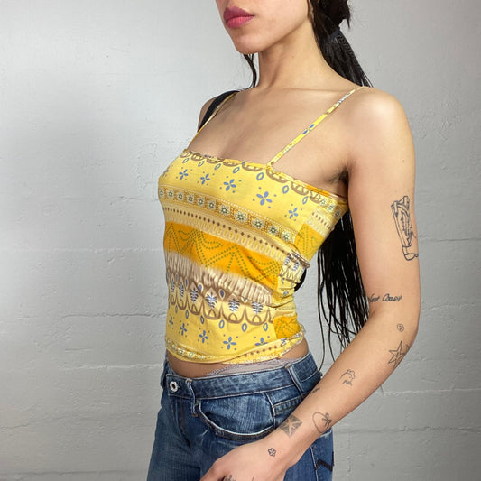 Vintage 2000's Boho Yellow Top with Ethnic Print (S/M)