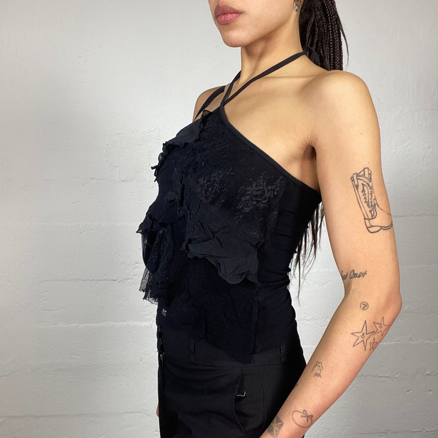 Vintage 2000's Morgan Clubwear Black Neckholder Top with Frilled Mixed Lace Materials (S/M)