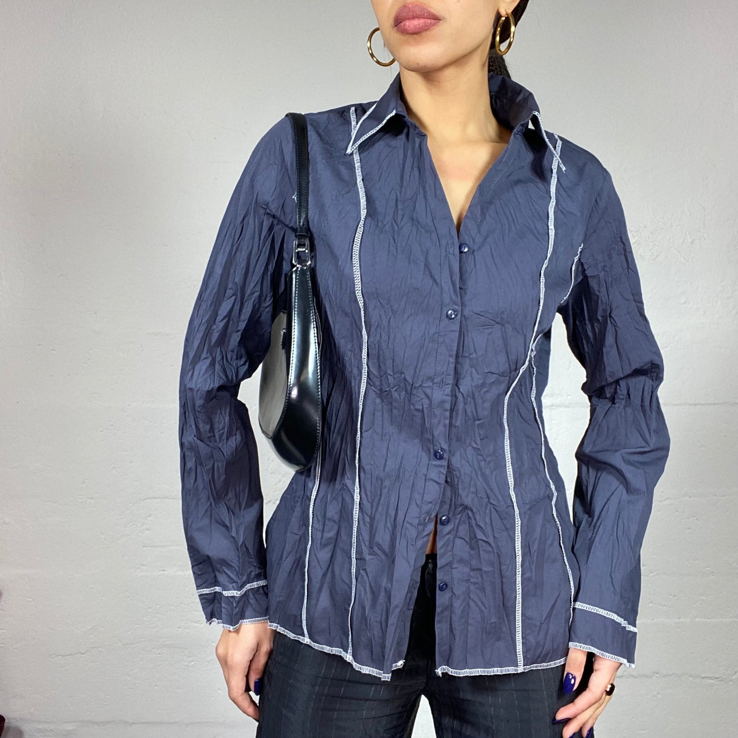 Vintage 2000's Indie Blue Button Up Shirt with Ruched Print (M)