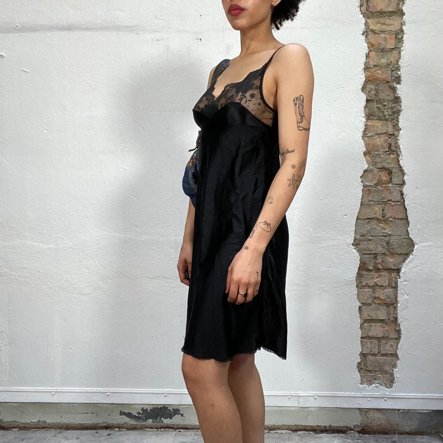 Vintage 2000's Seethrough Mini Black Cami Dress with Lace Detail (S/M)