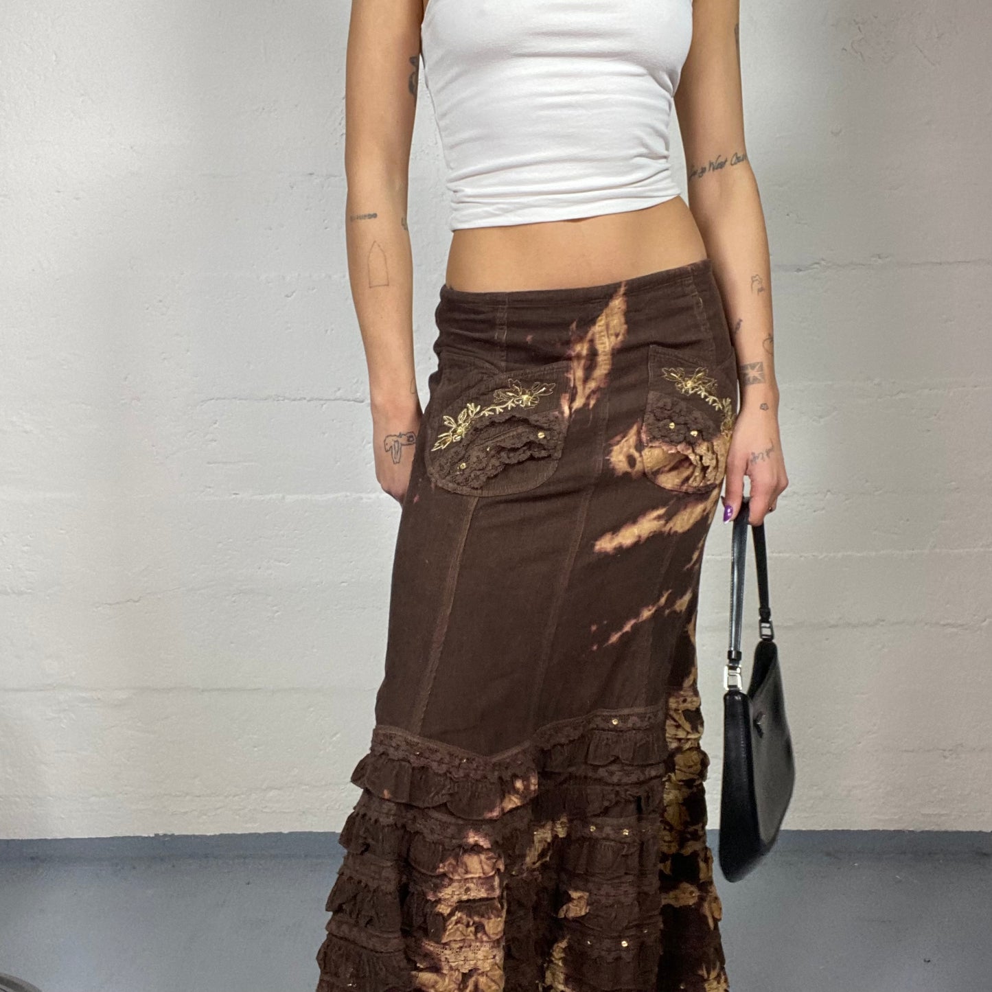 Vintage 2000's Archive Brown Tie Dye Maxi Skirt with Volant Bottom Detail and Embroidery(S)