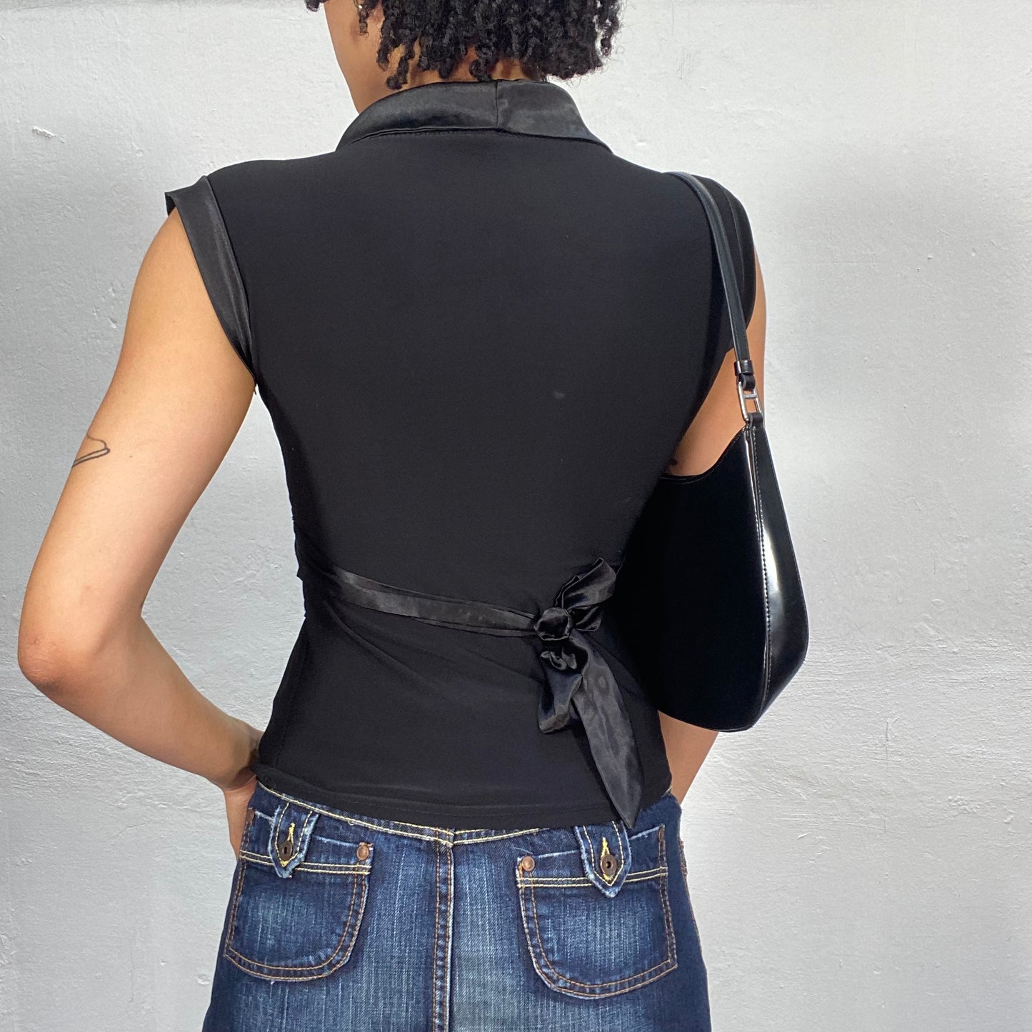 Vintage 2000's Model Off Duty Black Shirt with Satin Neckline Detail (S)