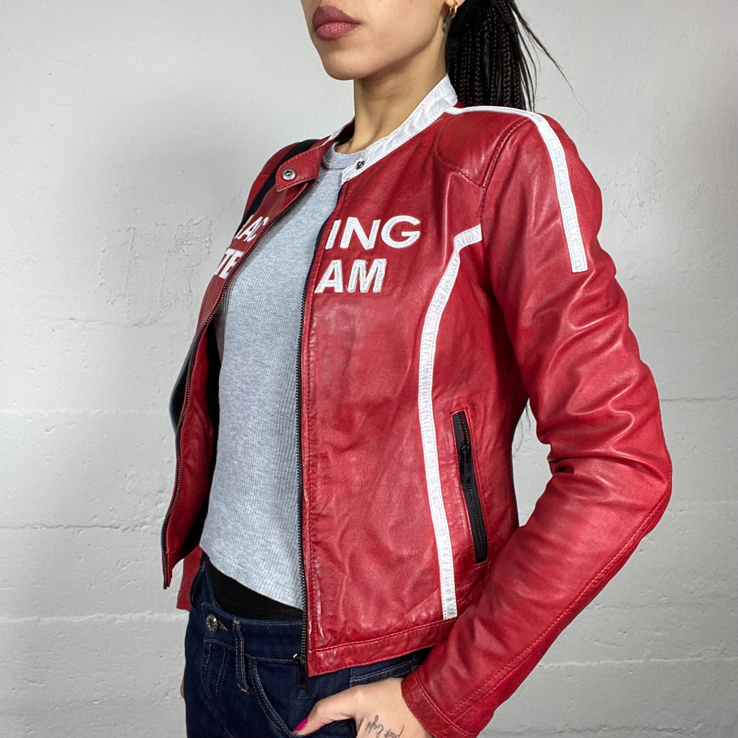 Vintage 2000's Sporty Red Short Leather Racers Jacket with White "Racing Team" Print Detail (S)