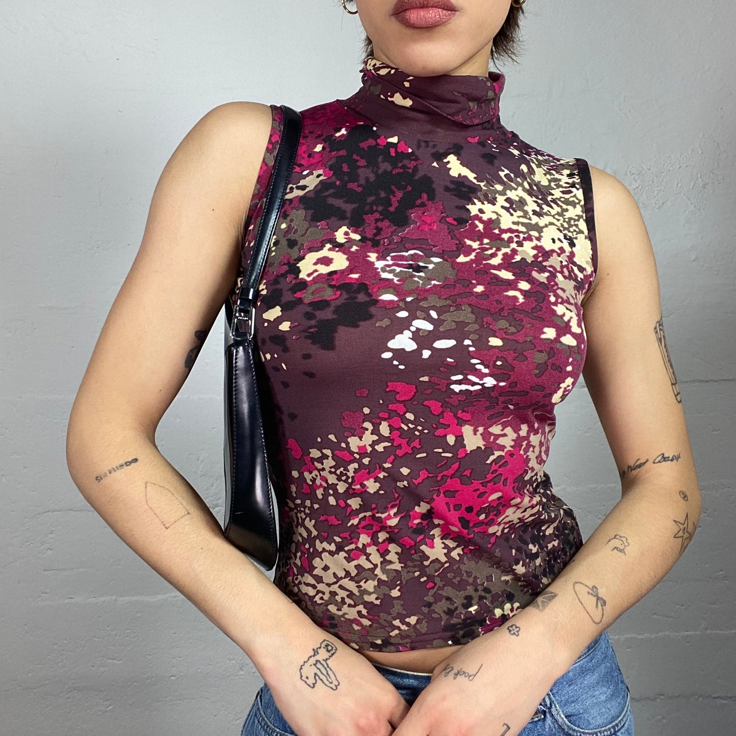 Vintage 90's Morgan Funky Garnet Highneck Top with Camo Print (S)