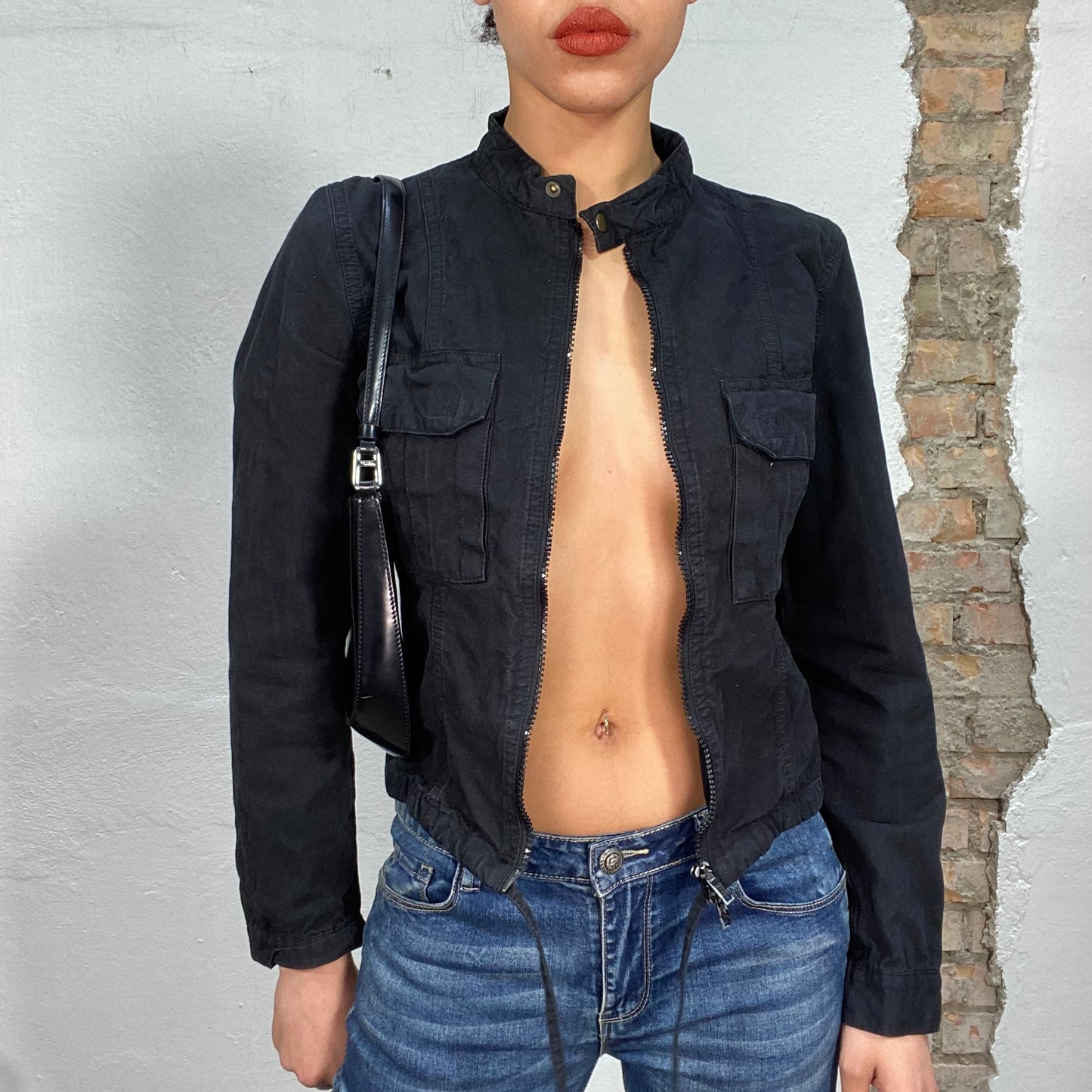 Vintage 2000's Streetstyle Black Short Cargo Jacket with Waist Draw Strings (S)