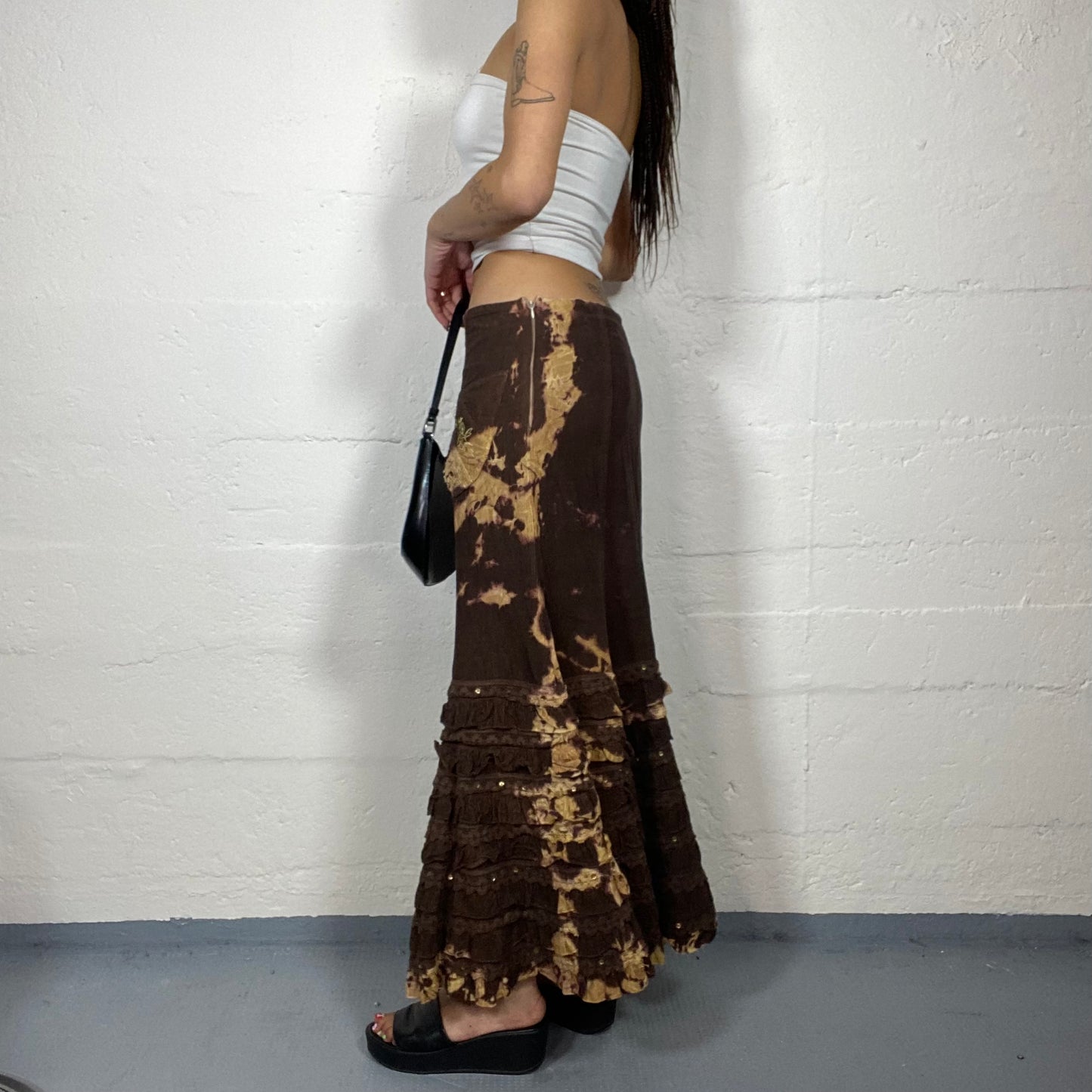 Vintage 2000's Archive Brown Tie Dye Maxi Skirt with Volant Bottom Detail and Embroidery(S)