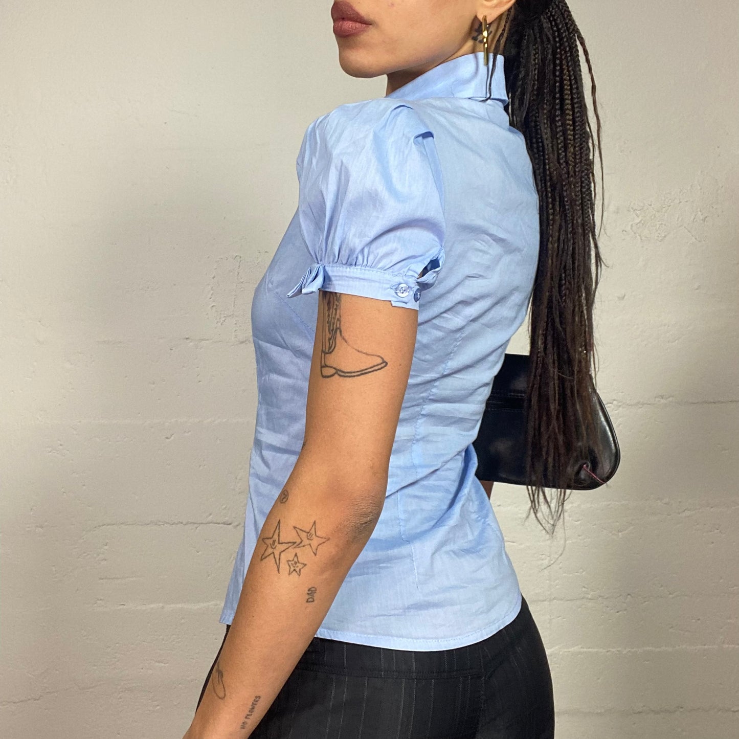 Vintage 2000's Office Girl Pastel Blue Shirt with Puffed Sleeves (S)