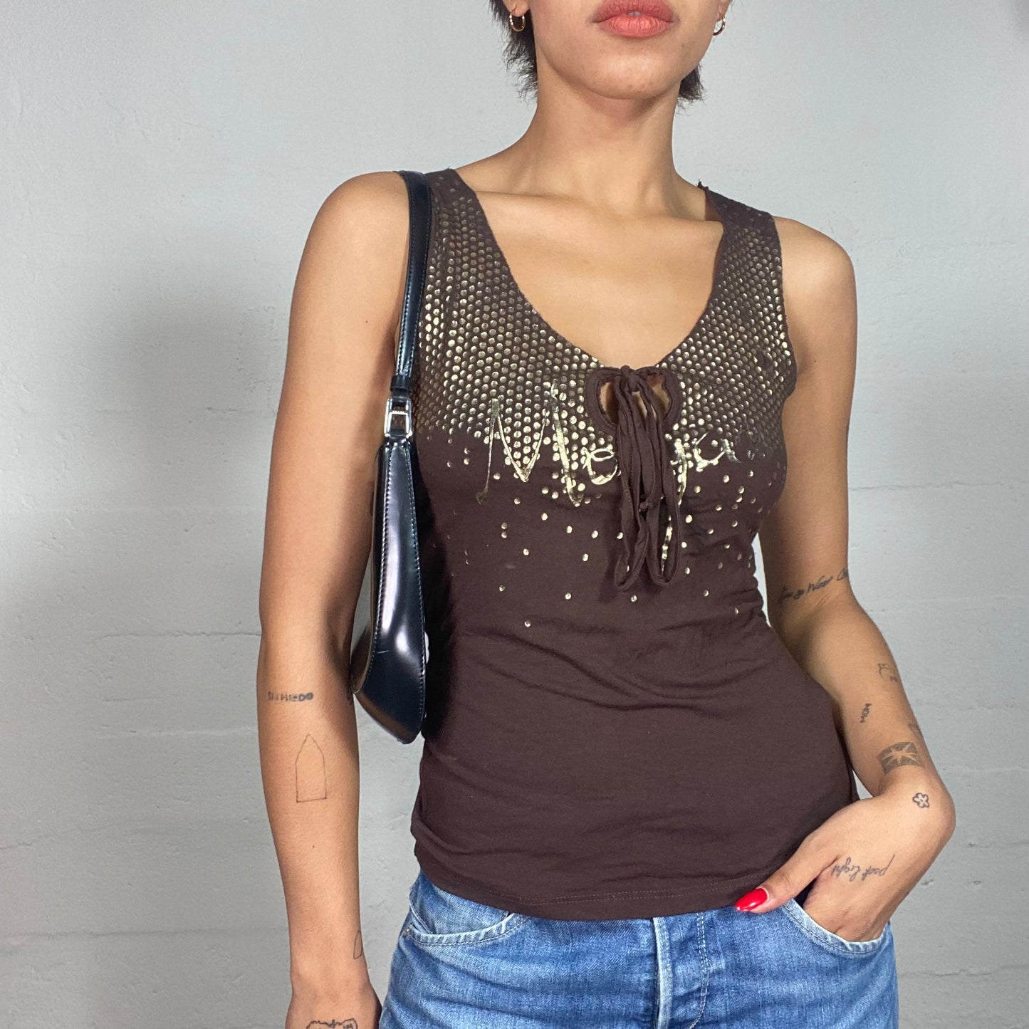 Vintage 2000's Morgan Sleaze Brown Top with Gold Glam Chest Print (S)