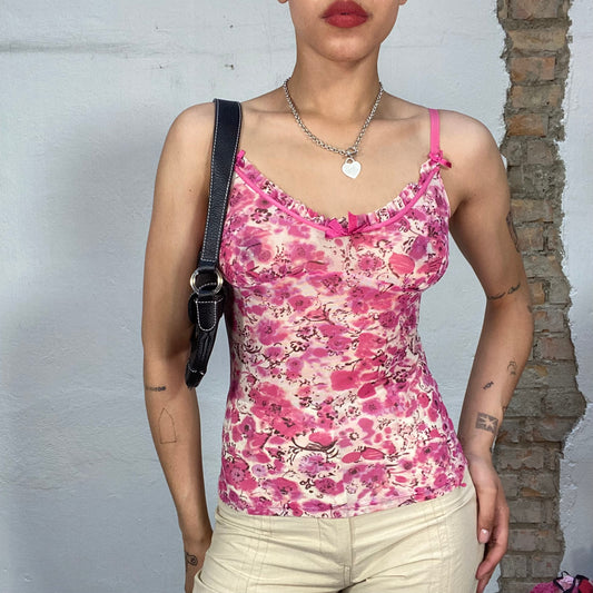 Vintage 2000's Lingerie Pink Floral Mesh Cami Top with Bow Details (S)