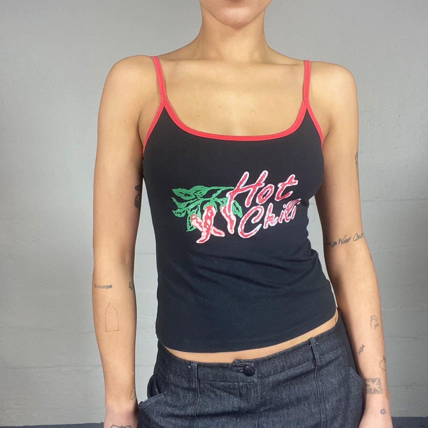 Vintage 90's Downtown Girl Black Top with "Hot Chili" Print (S)