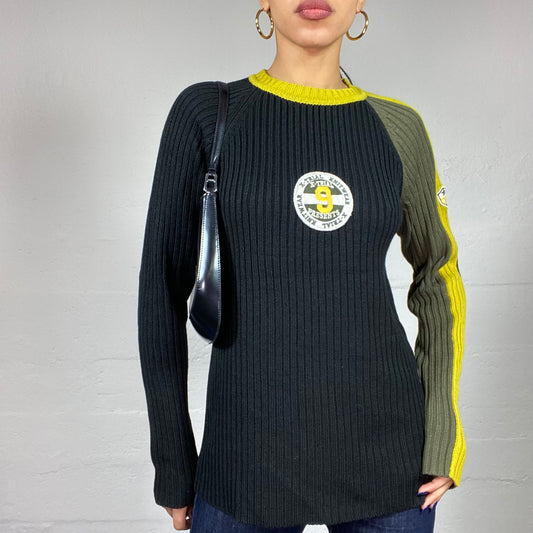 Vintage 2000's Sporty Black, Yellow and Khaki Coloured Arm Pullover with 9 Patched Number Detail (M)