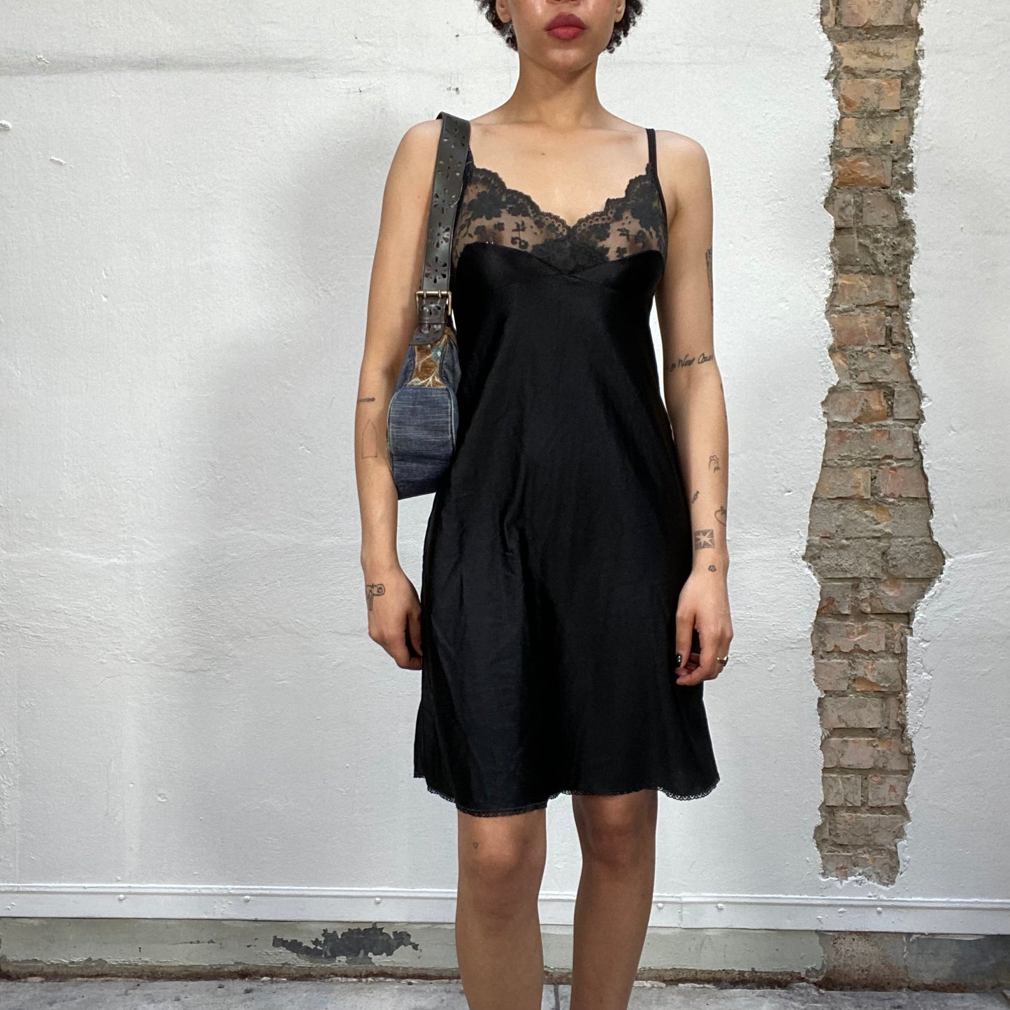 Vintage 2000's Seethrough Mini Black Cami Dress with Lace Detail (S/M)