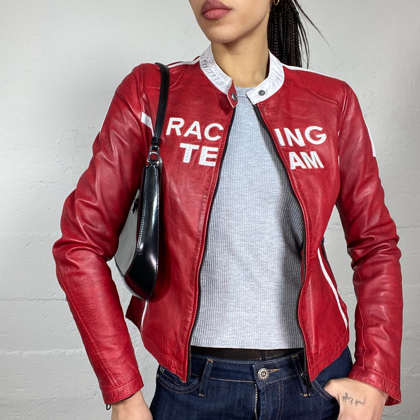 Vintage 2000's Sporty Red Short Leather Racers Jacket with White "Racing Team" Print Detail (S)