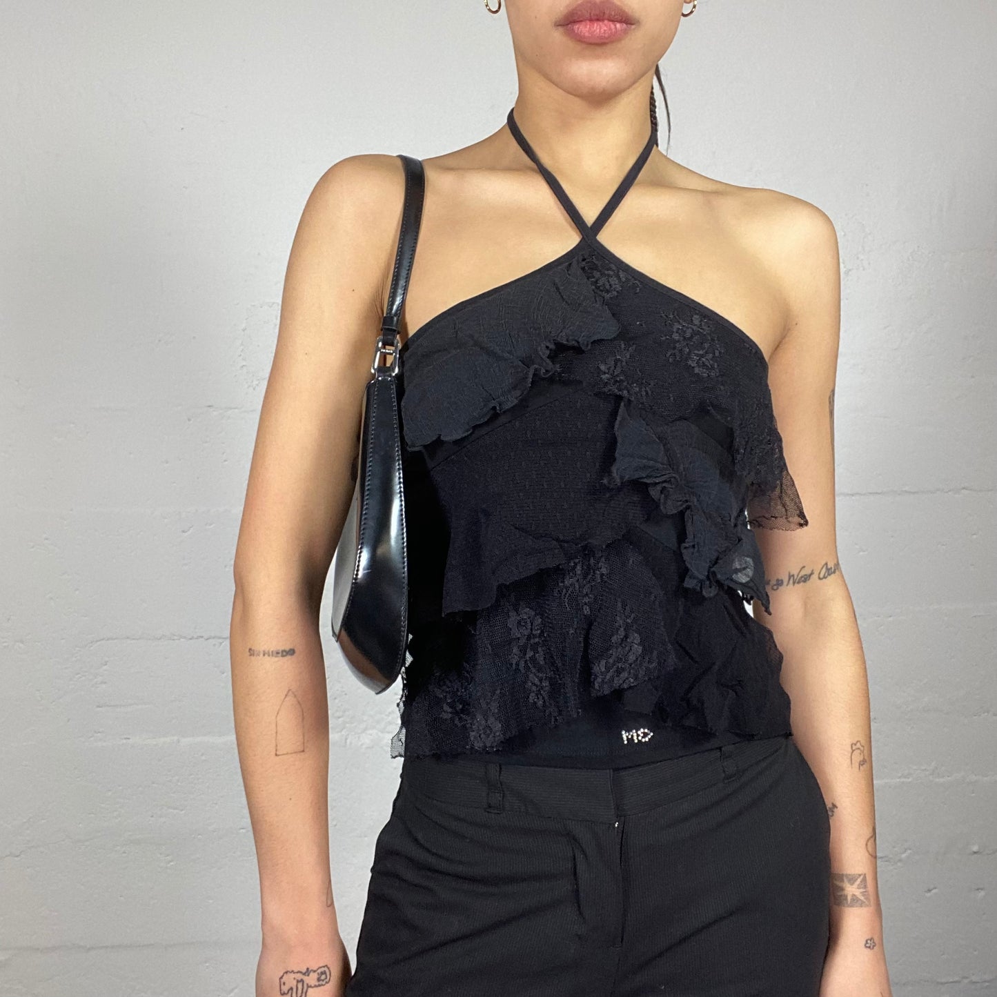 Vintage 2000's Morgan Clubwear Black Neckholder Top with Frilled Mixed Lace Materials (S/M)
