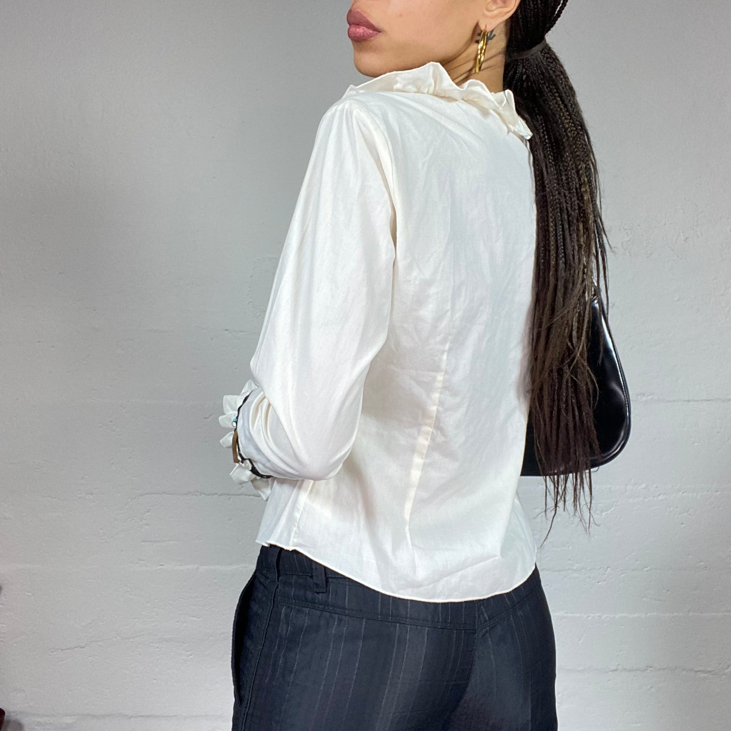 Vintage 2000's Indie White Button Up Shirt with Black Lace Up Trim Detail (S)