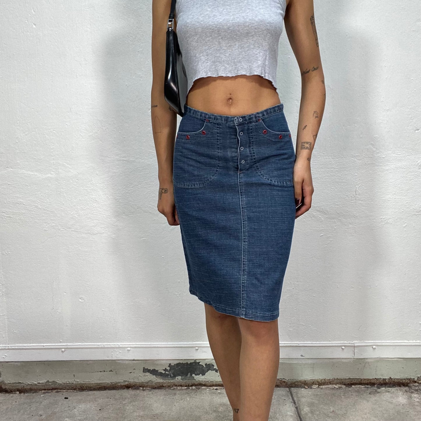 Vintage 2000's Downtown Girl Denim Midi Skirt with Red Stud Detail (M)