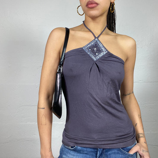 Vintage 2000's Clubwear Grey Neckholder Top with Diamond Shape & Rhinestones Detail (S)