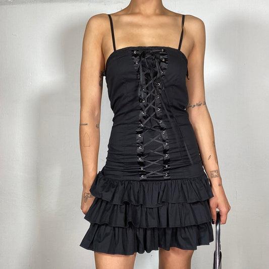 Vintage 2000's Gothic Black Mini Dress with Lace Ups Detail (S)