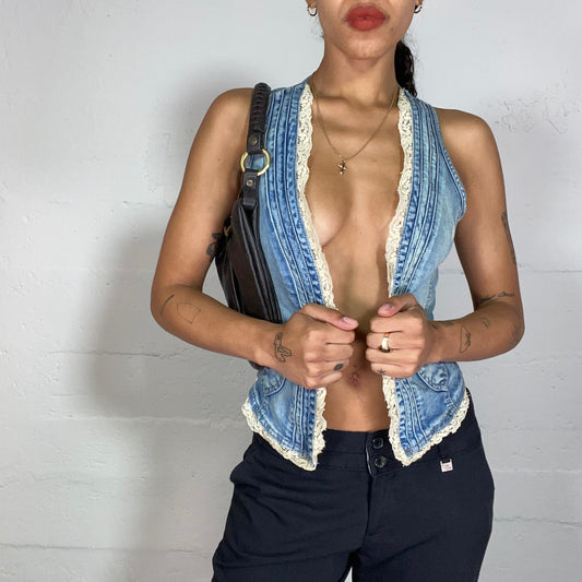 Vintage 2000's Indie Denim Open Vest with Off White Lace Trim Detail (S)