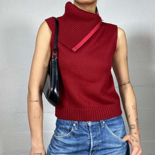 Vintage 2000's Techwear Girl Red Highneck Vest with Asymmetric Cut Detail (S/M)