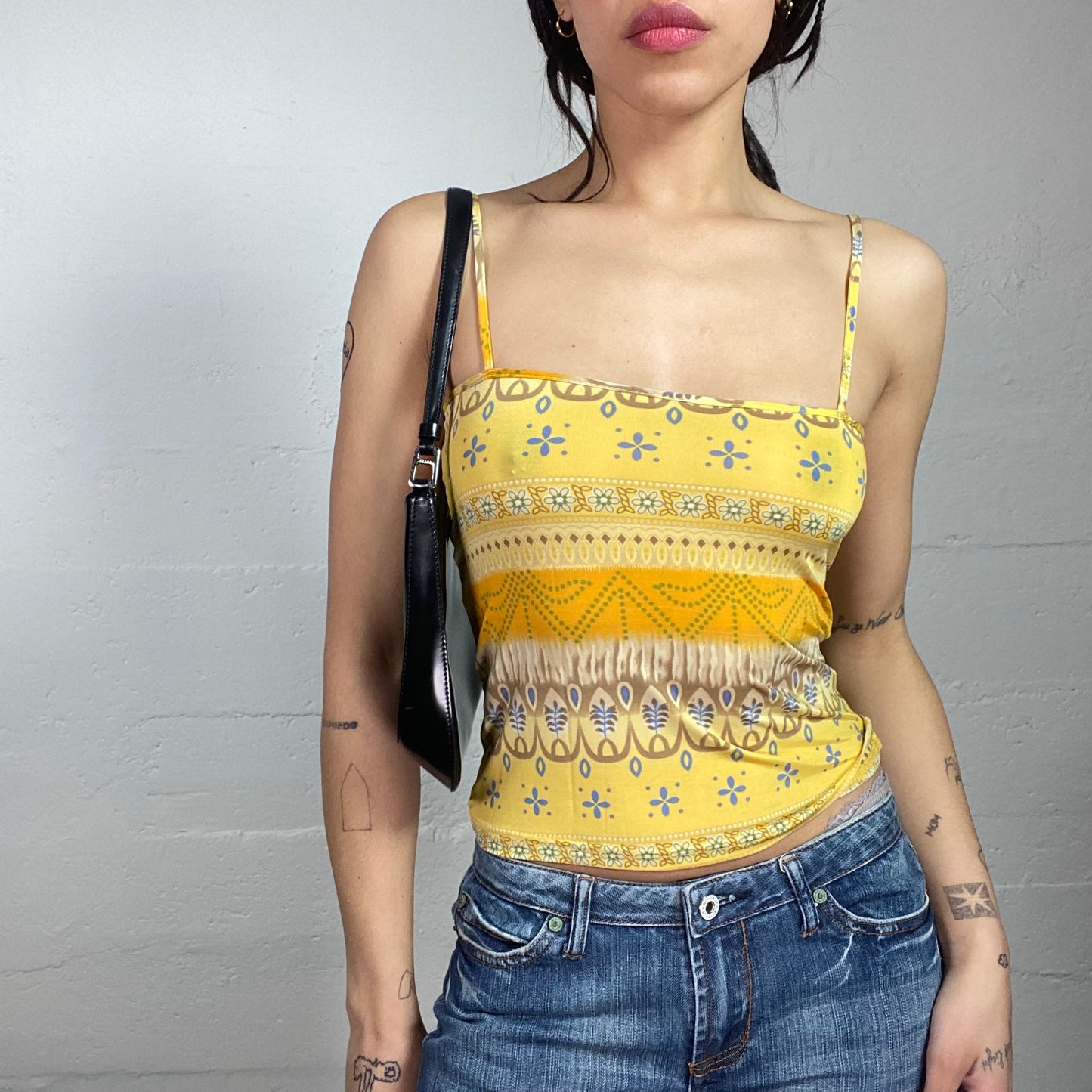 Vintage 2000's Boho Yellow Top with Ethnic Print (S/M)