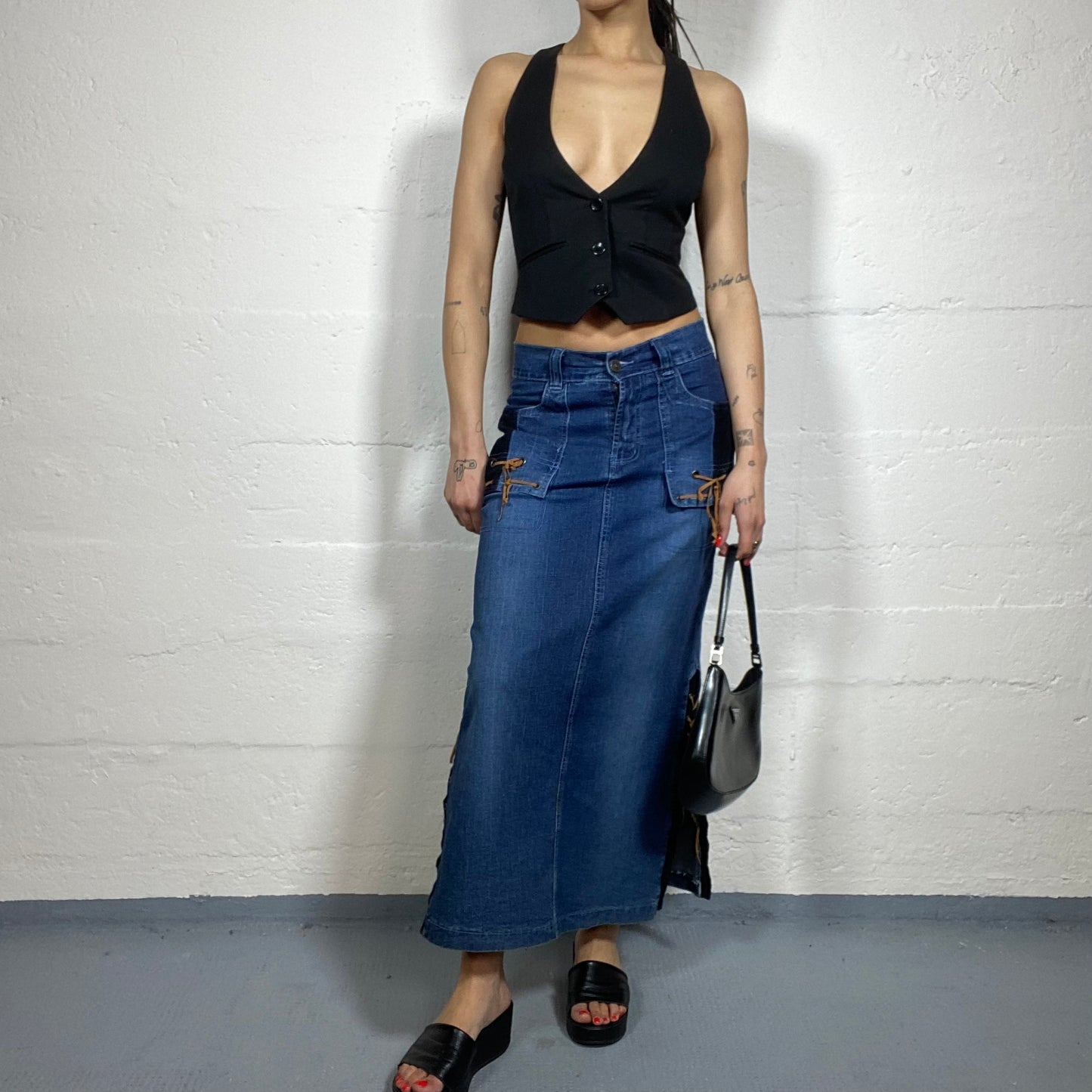 Vintage 2000's Downtown Girl Denim Maxi Skirt with Brown Lace Up Detail (M)