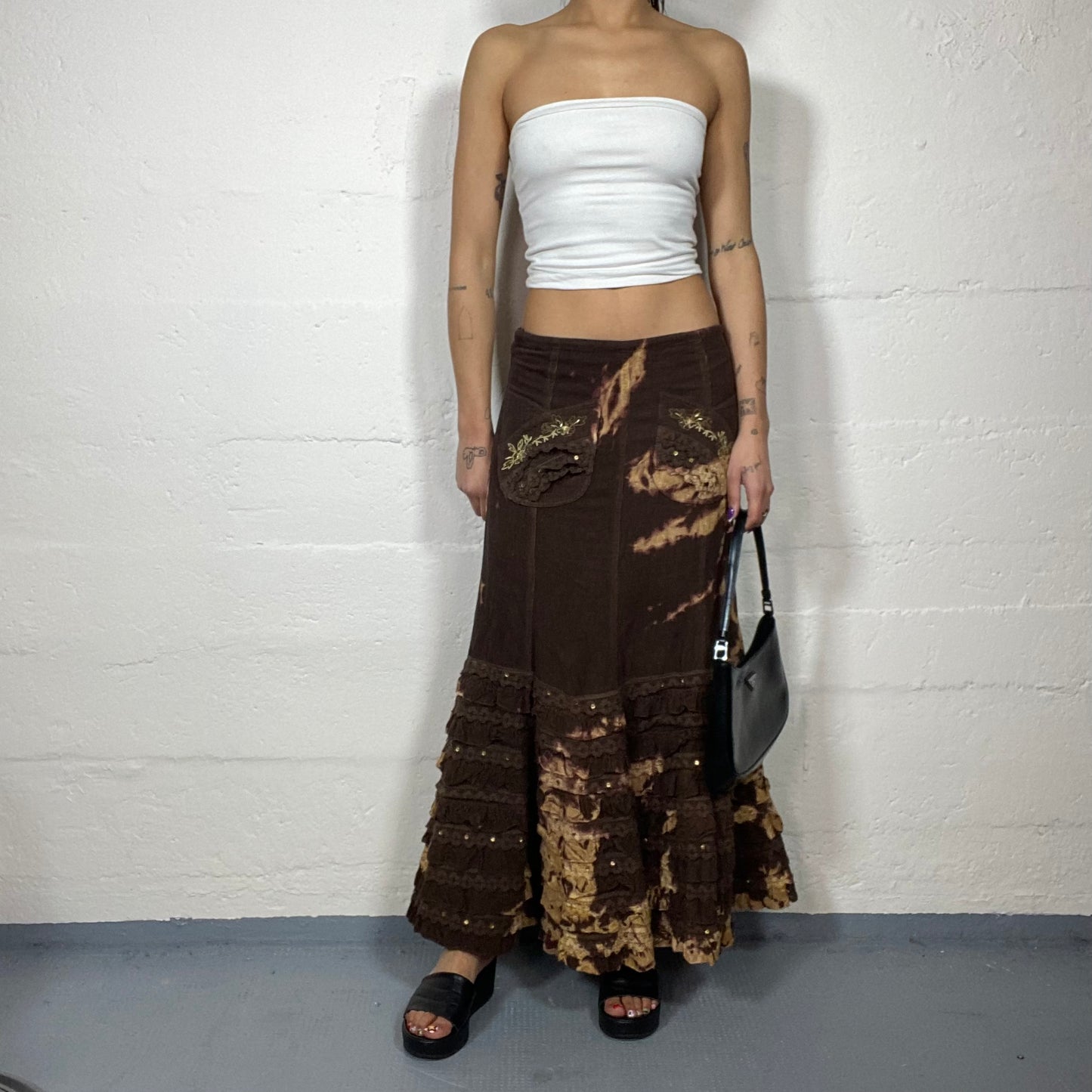 Vintage 2000's Archive Brown Tie Dye Maxi Skirt with Volant Bottom Detail and Embroidery(S)