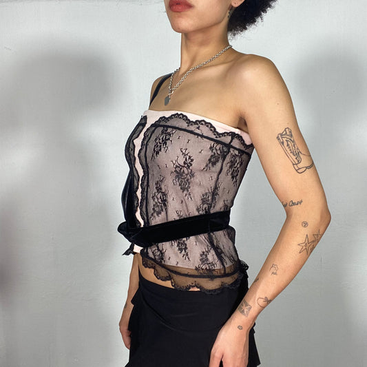 Vintage 2000's Coquette Baby Pink Tube Top with Black Lace Detail (S)