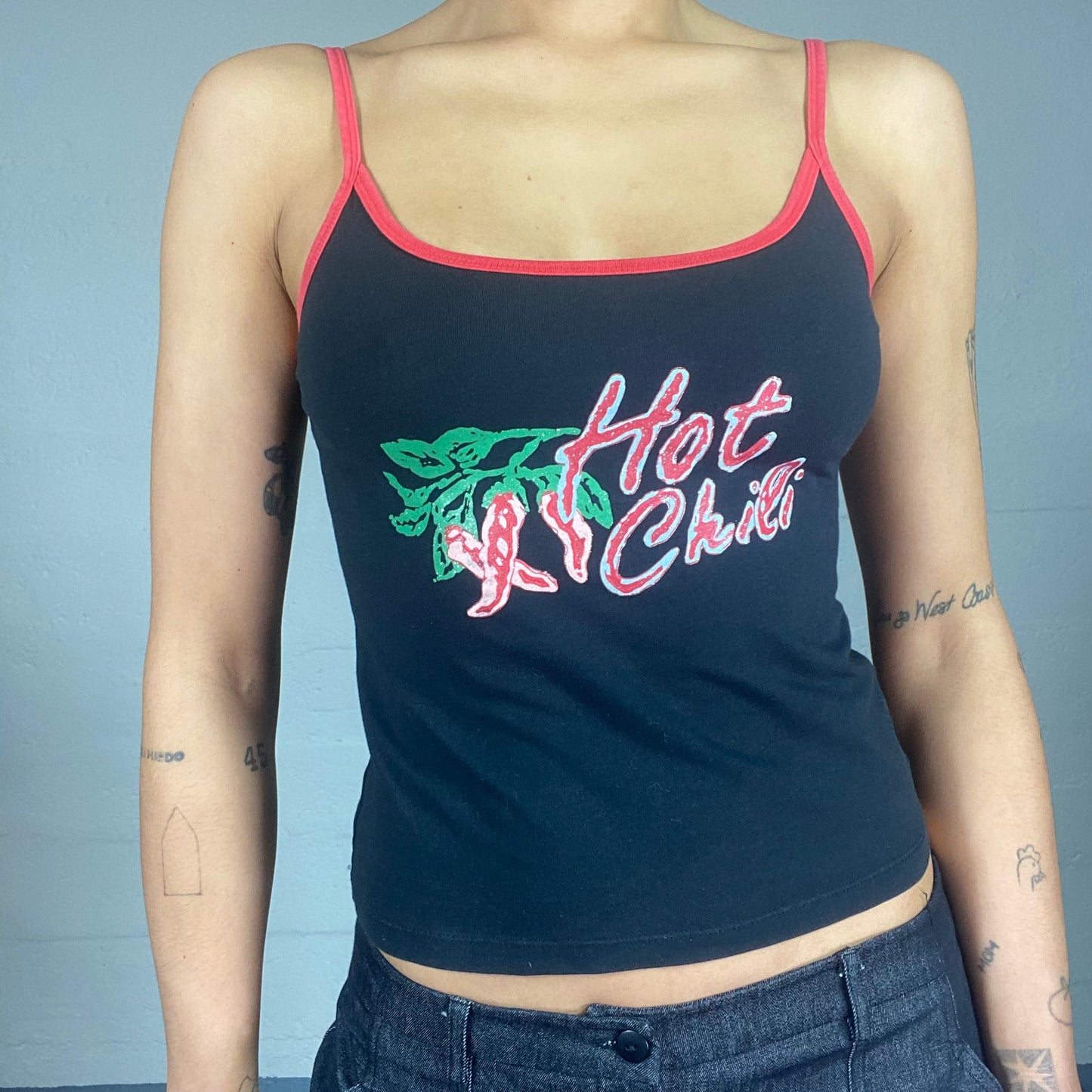 Vintage 90's Downtown Girl Black Top with "Hot Chili" Print (S)