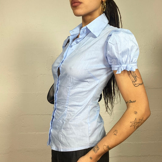 Vintage 2000's Office Girl Pastel Blue Shirt with Puffed Sleeves (S)